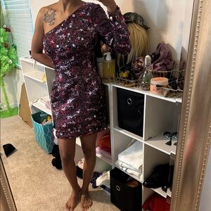 Alyce Paris One-Shoulder Sequin Dress in Purple and Pink